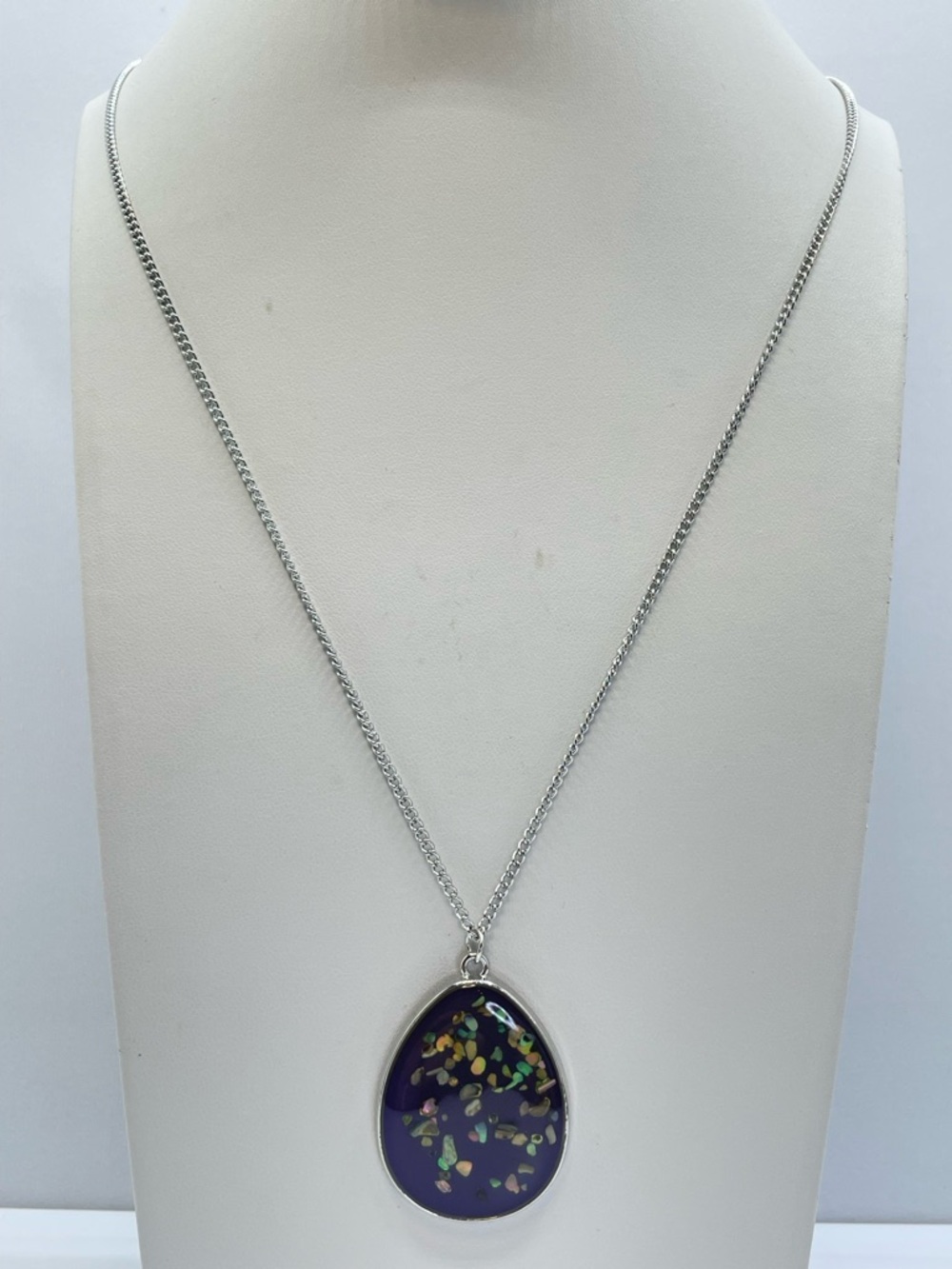 Silver Tone Blue Resin Abalone Style Pendant Necklace Iridescent